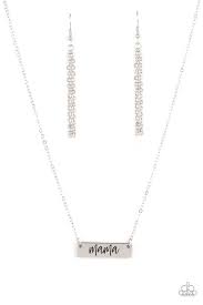 Stamped in the word, "Mama," a rectangular silver plate is suspended below the collar by a dainty silver chain, creating a whimsy inspirational pendant. Features an adjustable clasp closure. Sold as one individual necklace. Includes one pair of silver fringe earrings.