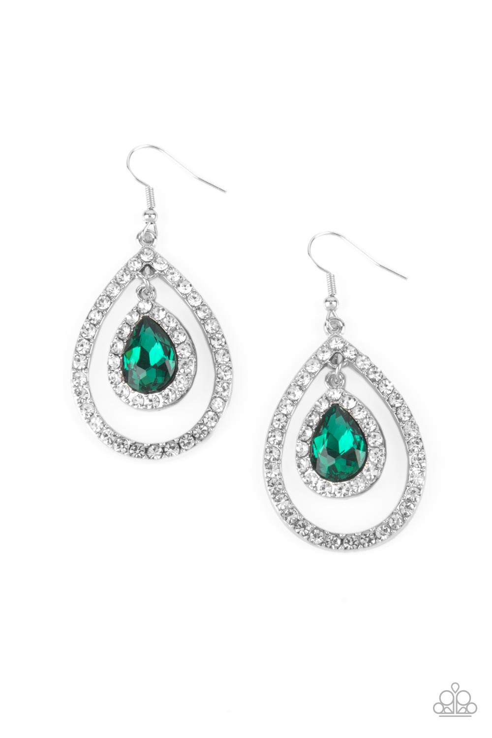 A brilliant green teardrop gem, encased in a sparkling white rhinestone frame, creates a striking pendant as it dangles inside an airy teardrop frame encrusted with white rhinestones and culminates into a mesmerizing lure. Earring attaches to a standard fishhook fitting. Sold as one pair of earrings.