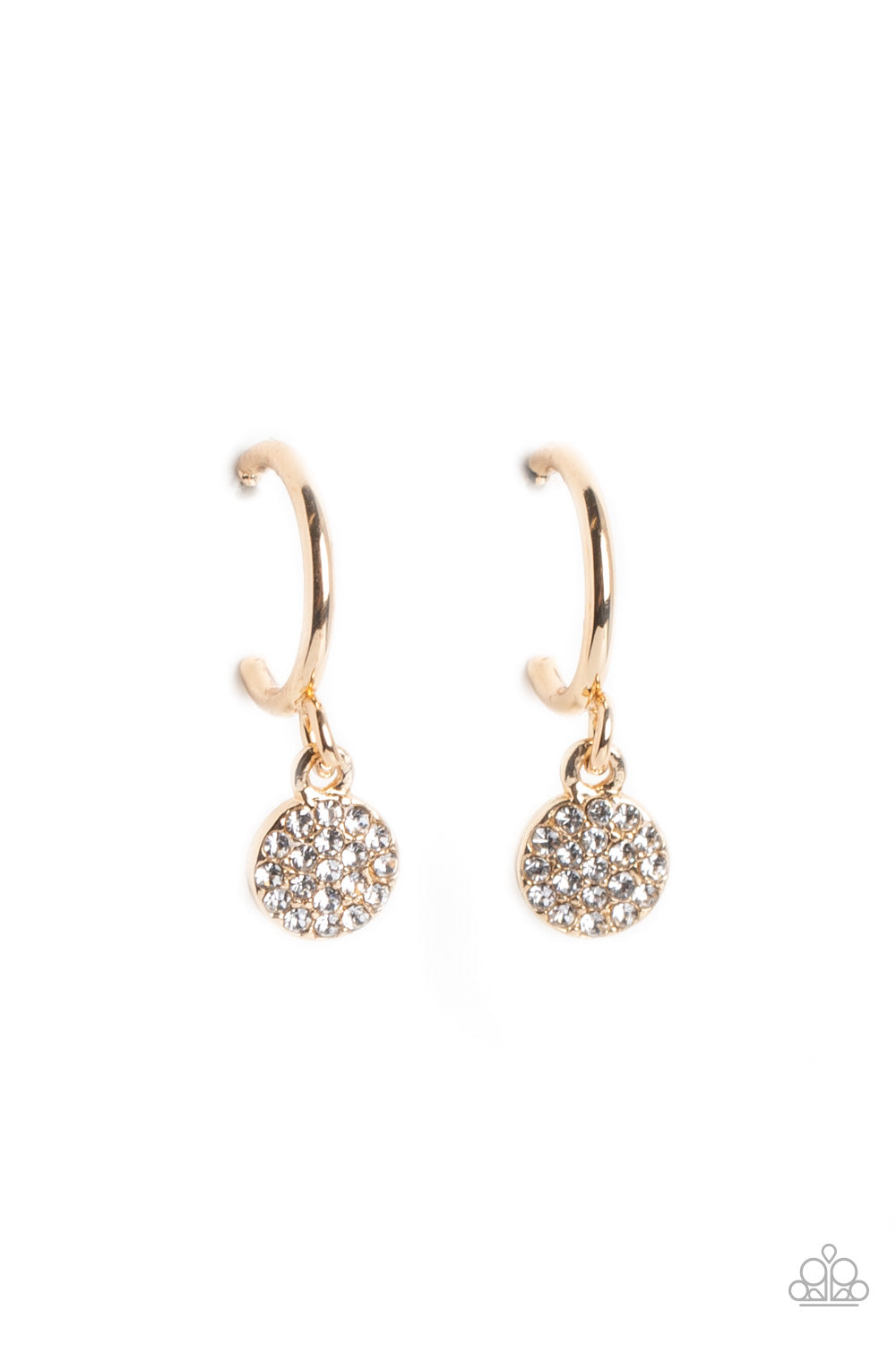 Swinging from a glistening gold hoop, a dainty gold disc, embossed with white rhinestones glimmers, adding a subtle shimmer around the ear. Earring attaches to a standard post fitting. Hoop measures approximately 1/2" in diameter. Sold as one pair of hoop earrings.
