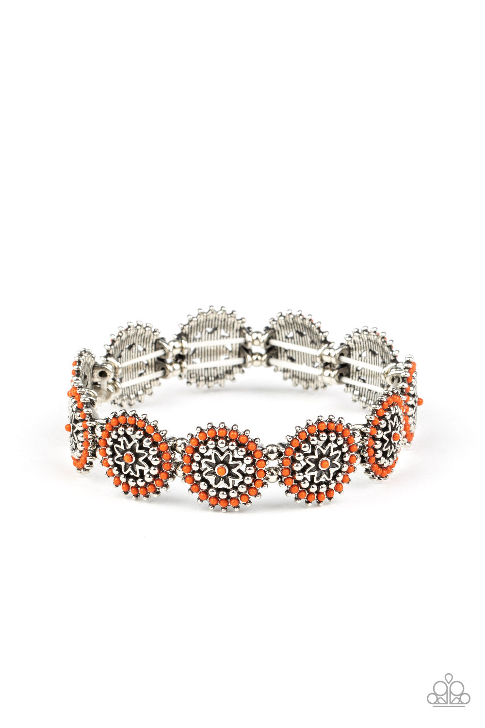 Dotted in dainty orange beads, studded silver floral frames are delicately threaded along stretchy bands around the wrist for a whimsically seasonal look. Sold as one individual bracelet.