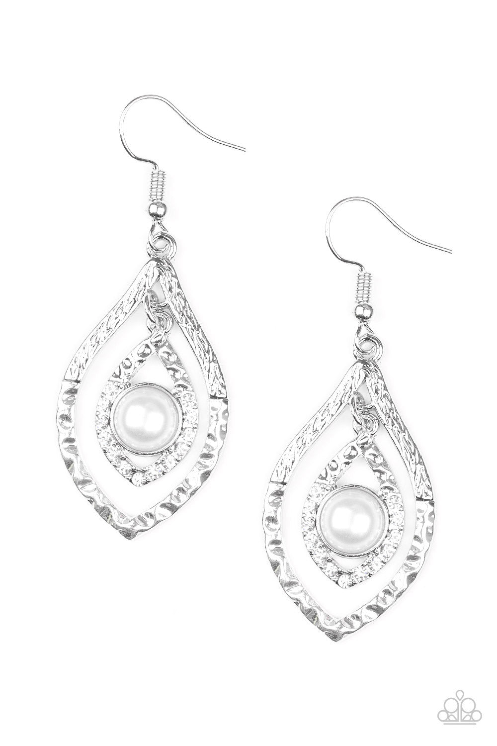 Delicately hammered in endless shimmer, a glistening marquise shaped frame swings from the top of a larger silver frame, creating an elegant lure. Featuring a pearly white center, the smaller frame has been dipped into glassy white rhinestones for a glamorous finish. Earring attaches to a standard fishhook fitting. Sold as one pair of earrings.