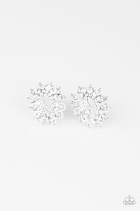 Varying in size, frames for glass white rhinestones stack into a glamorous frame for blinding look. Earring attaches to a standard clip-on fitting. Sold as one pair of clip-on earrings.