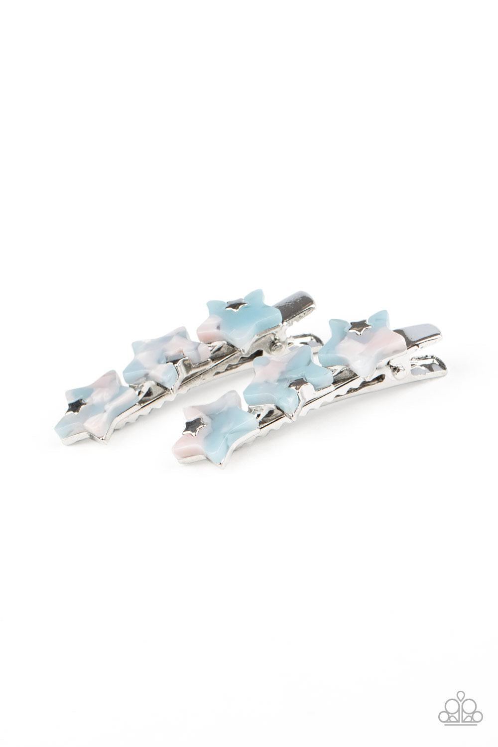 Dotted with dainty silver star charms, trios of blue and pink acrylic stars coalesce into a pair of colorful frames. Features standard hair clips on the back. Sold as one pair of hair clips.