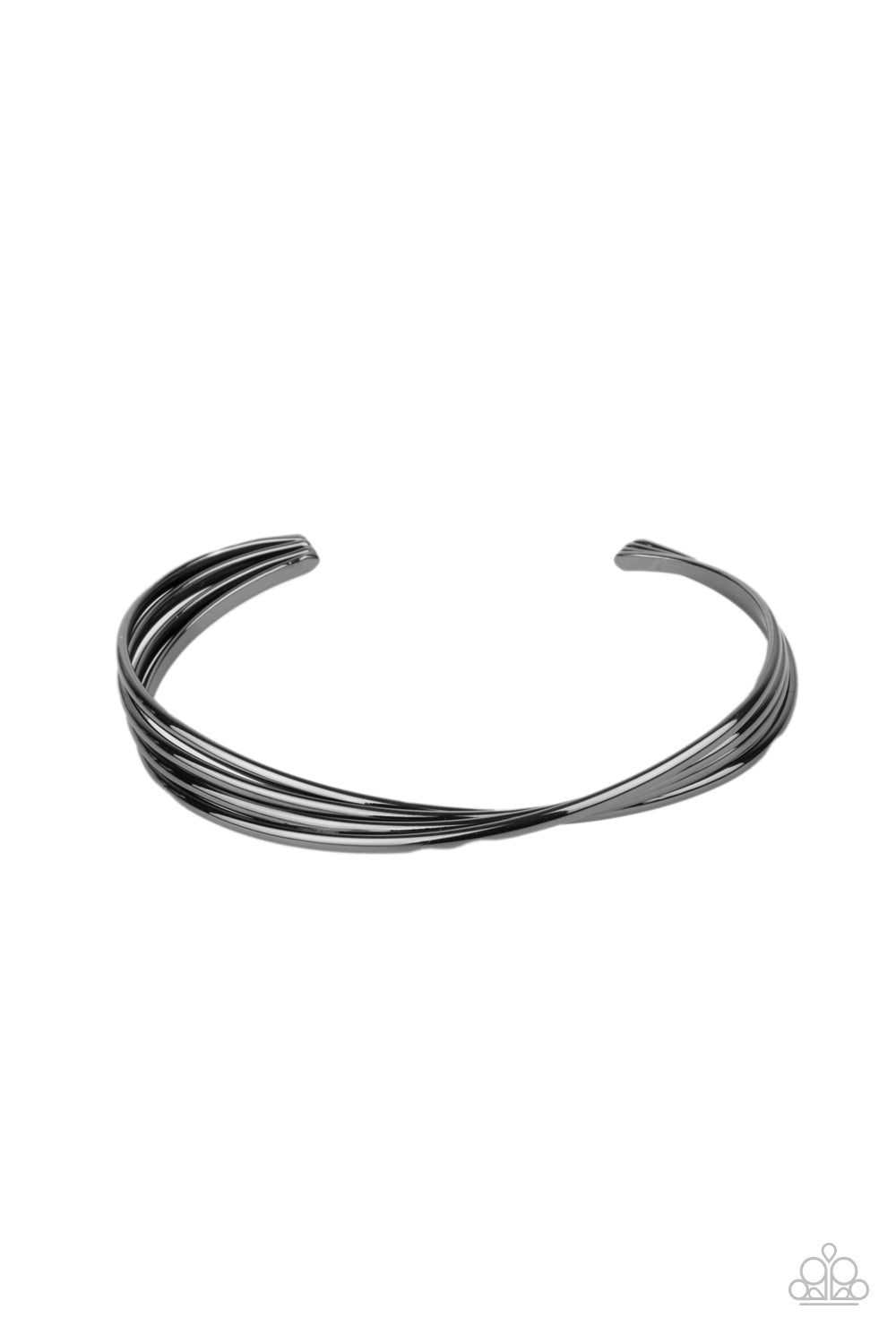 A stack of four glistening gunmetal bars delicately twist at the center as they delicately layer into a dainty cuff around the wrist. Sold as one individual bracelet.