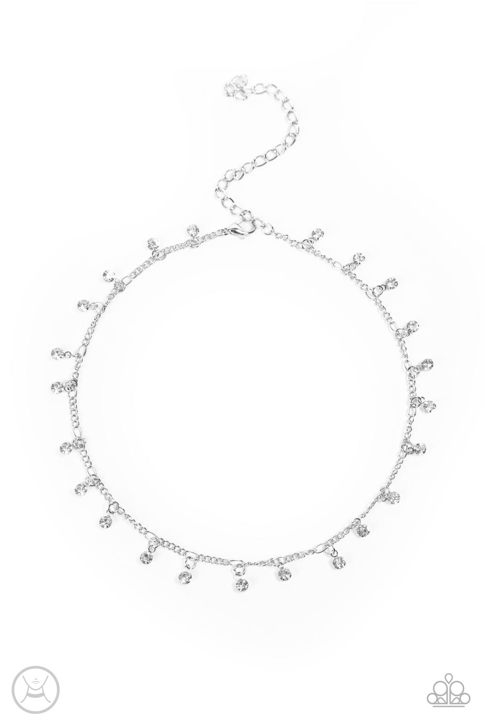 Glassy white rhinestones swing from a dainty silver chain around the neck, creating a timeless fringe. Features an adjustable clasp closure. Sold as one individual choker necklace. Includes one pair of matching earrings.