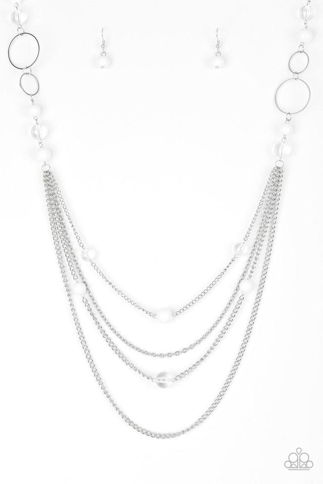 Infused with shimmery silver hoops, glassy and polished white beads trickle along glistening silver chains for a bubbly look. Features an adjustable clasp closure.
Sold as one individual necklace. Includes one pair of matching earrings.