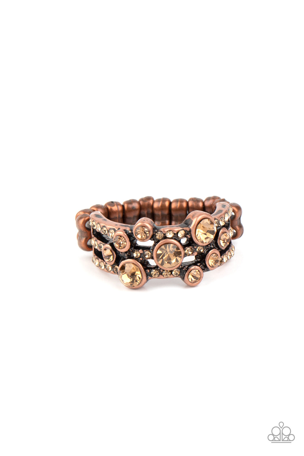Bubbly topaz rhinestones dot antiqued copper bands encrusted in matching dainty topaz rhinestones, creating effervescent layers across the finger. Features a dainty stretchy band for a flexible fit. Sold as one individual ring.