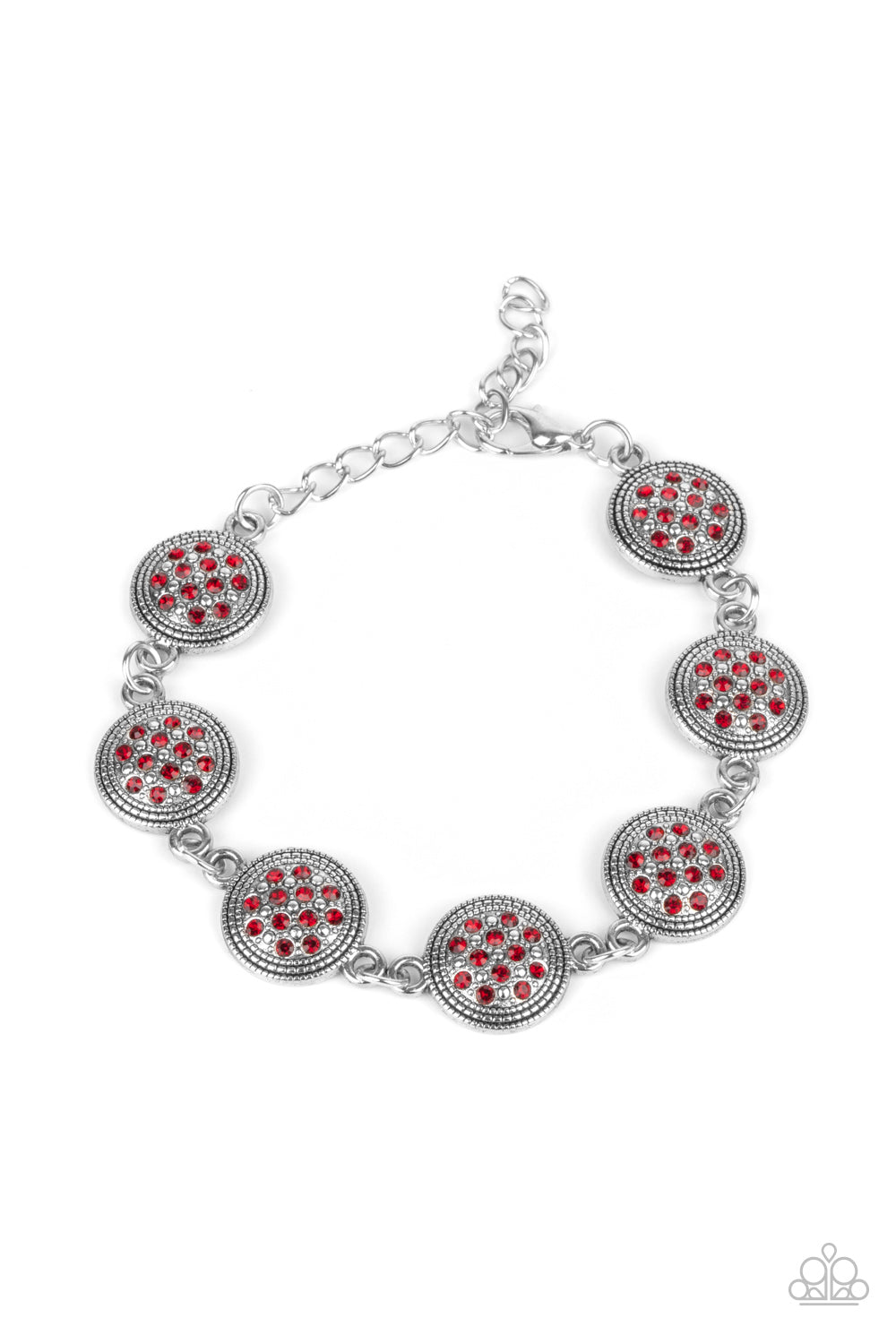 Dotted with fiery red rhinestones, studded silver frames delicately connect around the wrist for a royal flair. Features an adjustable clasp closure.
Sold as one individual bracelet.
