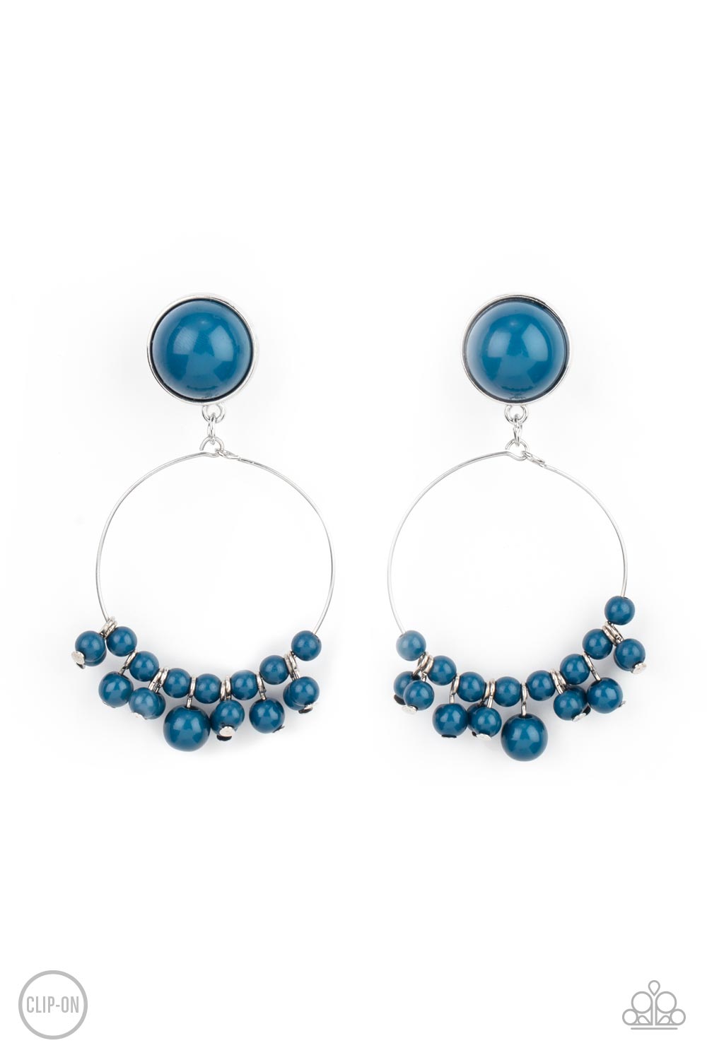Shiny blue beads are threaded along a dainty wire hoop that attaches to an oversized blue beaded fitting, creating a bubbly fringe. Earring attaches to a standard clip-on fitting. Sold as one pair of clip-on earrings.