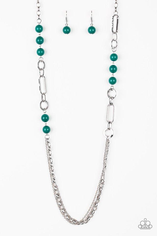 A collection of glassy and polished green beads give way to layers of mismatched silver chain for a whimsical look. Features an adjustable clasp closure. Sold as one individual necklace. Includes one pair of matching earrings.