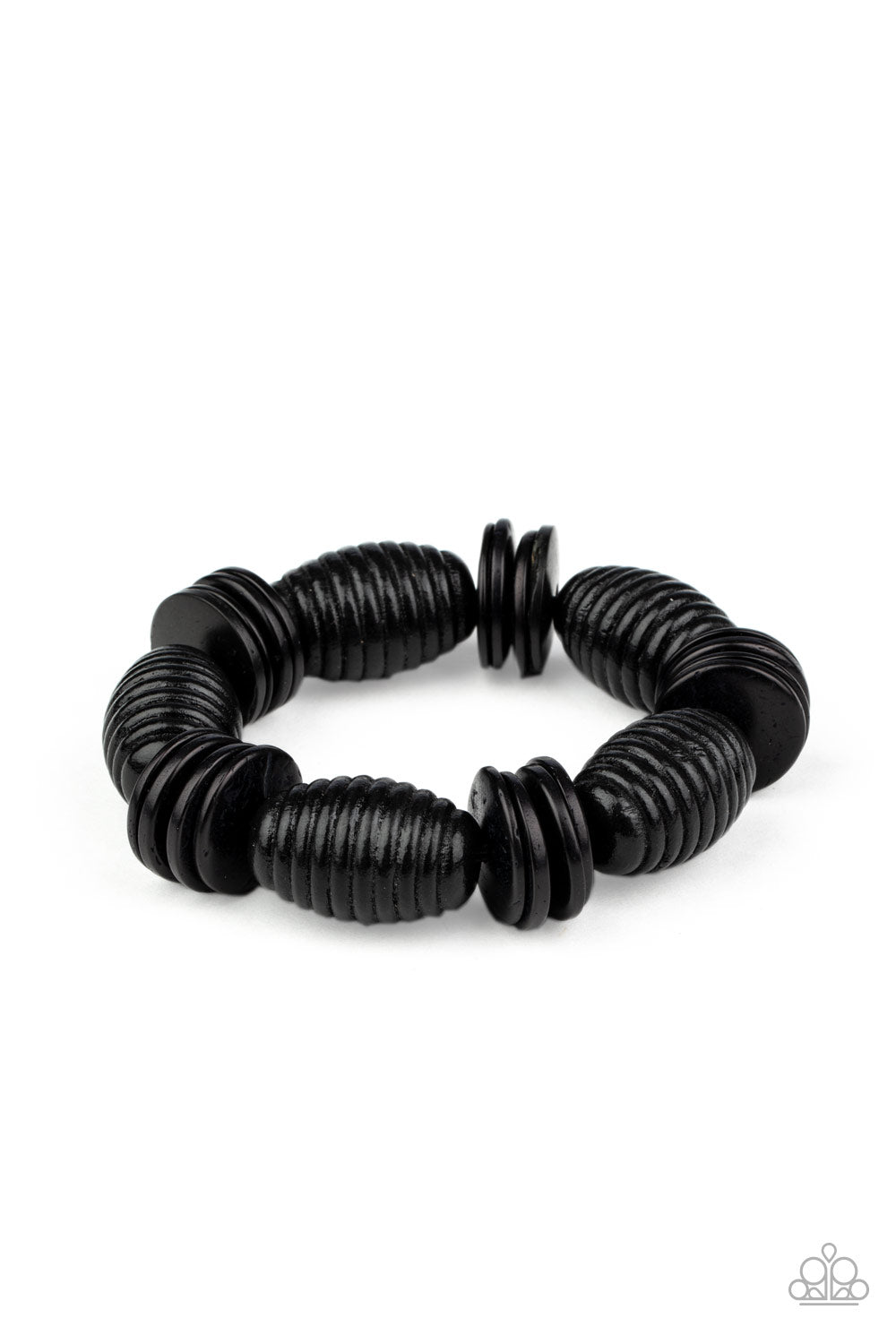 A summery collection of oversized black wooden beads and distressed black wooden discs are delicately threaded along stretchy bands around the wrist for a beach inspired fashion. Sold as one individual bracelet.