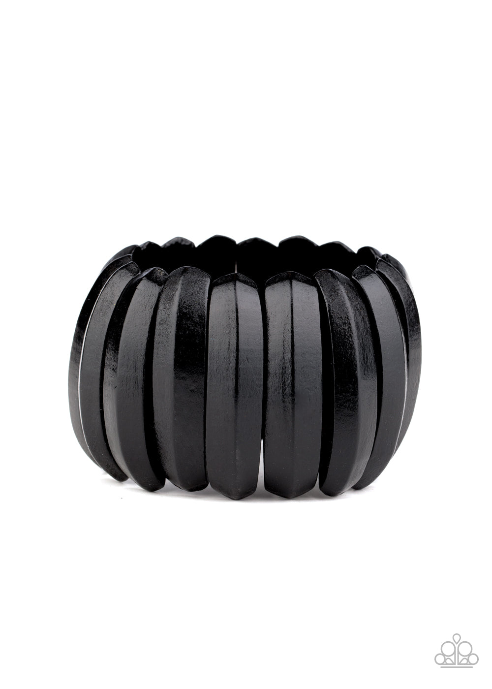 Painted in a shiny black finish, beveled wooden frames are threaded along stretchy bands around the wrist for a summery look. Sold as one individual bracelet.