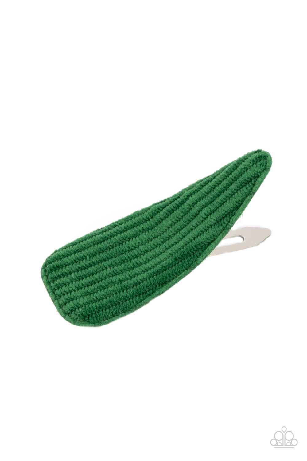 The front of an oversized triangular frame is covered in a piece of Leprechaun corduroy fabric, creating a colorful rustic centerpiece. Features a standard snap hair clip on the back. Sold as one individual hair clip.
