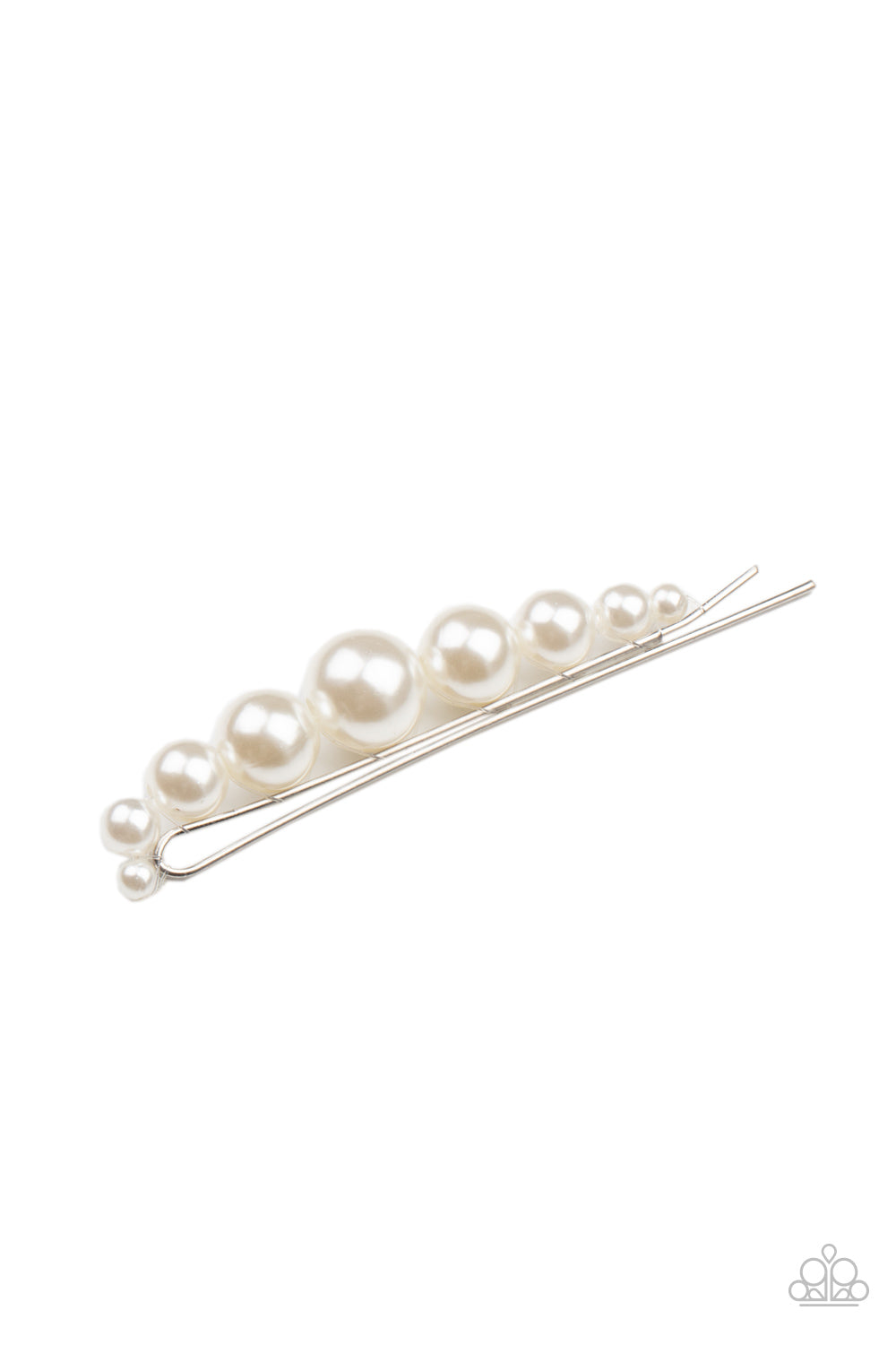 A bubbly collection of pearls dot the front of a classic silver bobby pin, creating an elegant centerpiece. Sold as one individual decorative bobby pin.