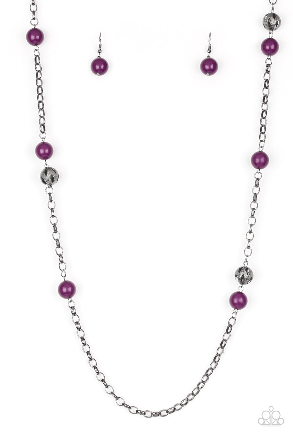 Polished purple beads and ornate gunmetal beads trickle along a bold gunmetal chain, creating a colorfully industrial look across the chest. Features an adjustable clasp closure. Sold as one individual necklace. Includes one pair of matching earrings.