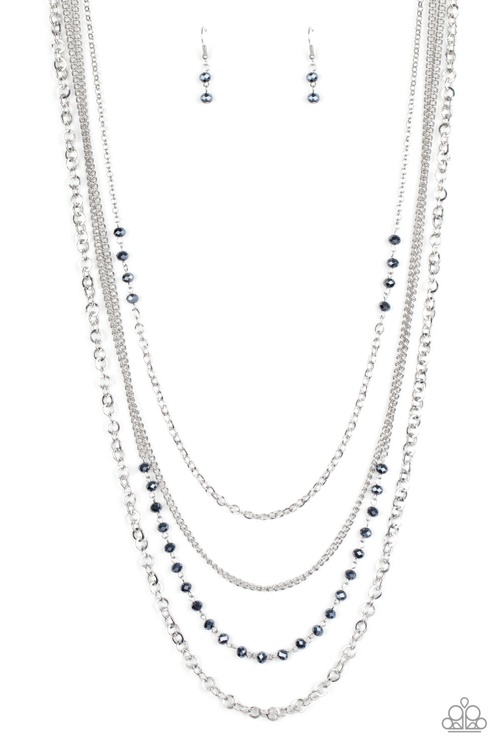 Featuring sections of faceted metallic blue beads, a collision of mismatched silver chains drapes down the chest, creating flickering layers. Features an adjustable clasp closure. Sold as one individual necklace. Includes one pair of matching earrings.