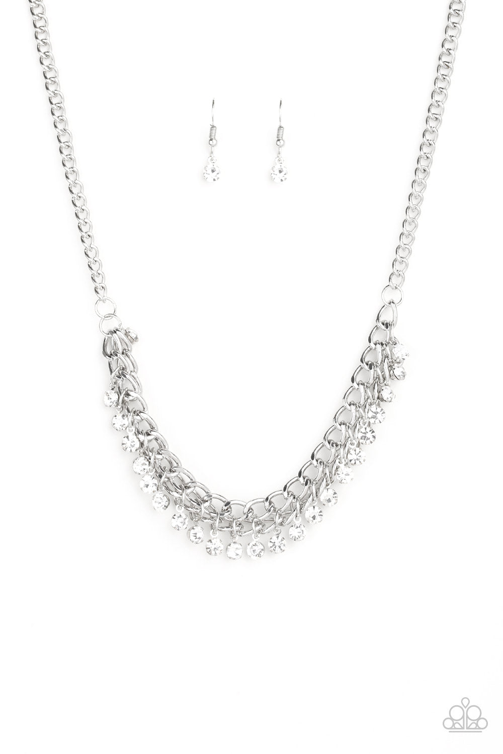 A fringe of glittery white rhinestones swings from the bottom of a bold silver chain below the collar for a fierce look. Features an adjustable clasp closure. Sold as one individual necklace. Includes one pair of matching earrings.