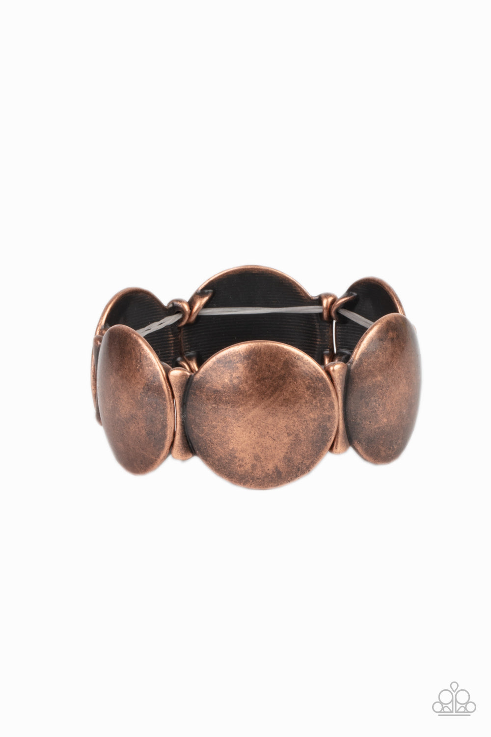 Infused with curved bar-like accents, an antiqued series of beveled copper discs are threaded along stretchy bands around the wrist for a bubbly metallic look. Sold as one individual bracelet.