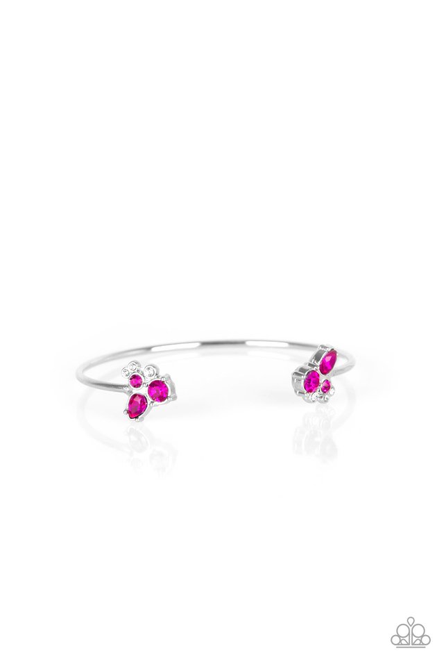 Varying in shape, glittery pink and white rhinestones join at both ends of a dainty silver cuff, creating refined fittings. Sold as one individual bracelet.