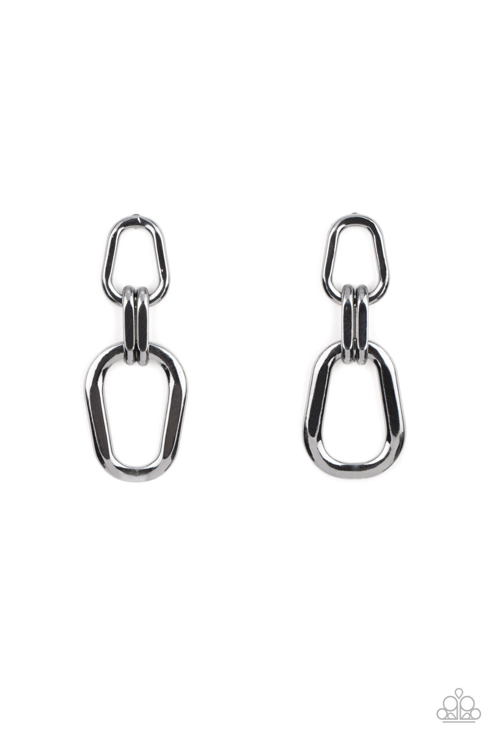 A collection of asymmetrical gunmetal oval frames boldly link into an edgy lure, resulting in an intense industrial statement piece. Earring attaches to a standard post fitting. Sold as one pair of post earrings.