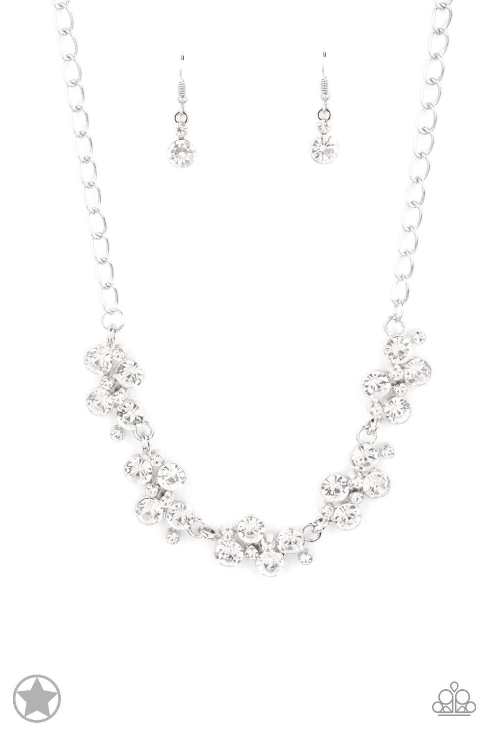 Connecting to a classic silver chain, clusters of dazzling white rhinestones drape along the neckline, creating a sparkling statement. Daintier white rhinestones are sprinkled between the larger rhinestones, creating additional luminous detail to the timeless design. Features an adjustable clasp closure. Sold as one individual necklace. Includes one pair of matching earrings.