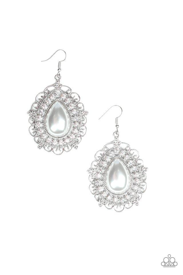 An oversized pearly white teardrop bead is pressed into a swirling silver backdrop encrusted in a dazzling ring of glassy white rhinestones for a glamorous finish. Earring attaches to a standard fishhook fitting. Sold as one pair of earrings.