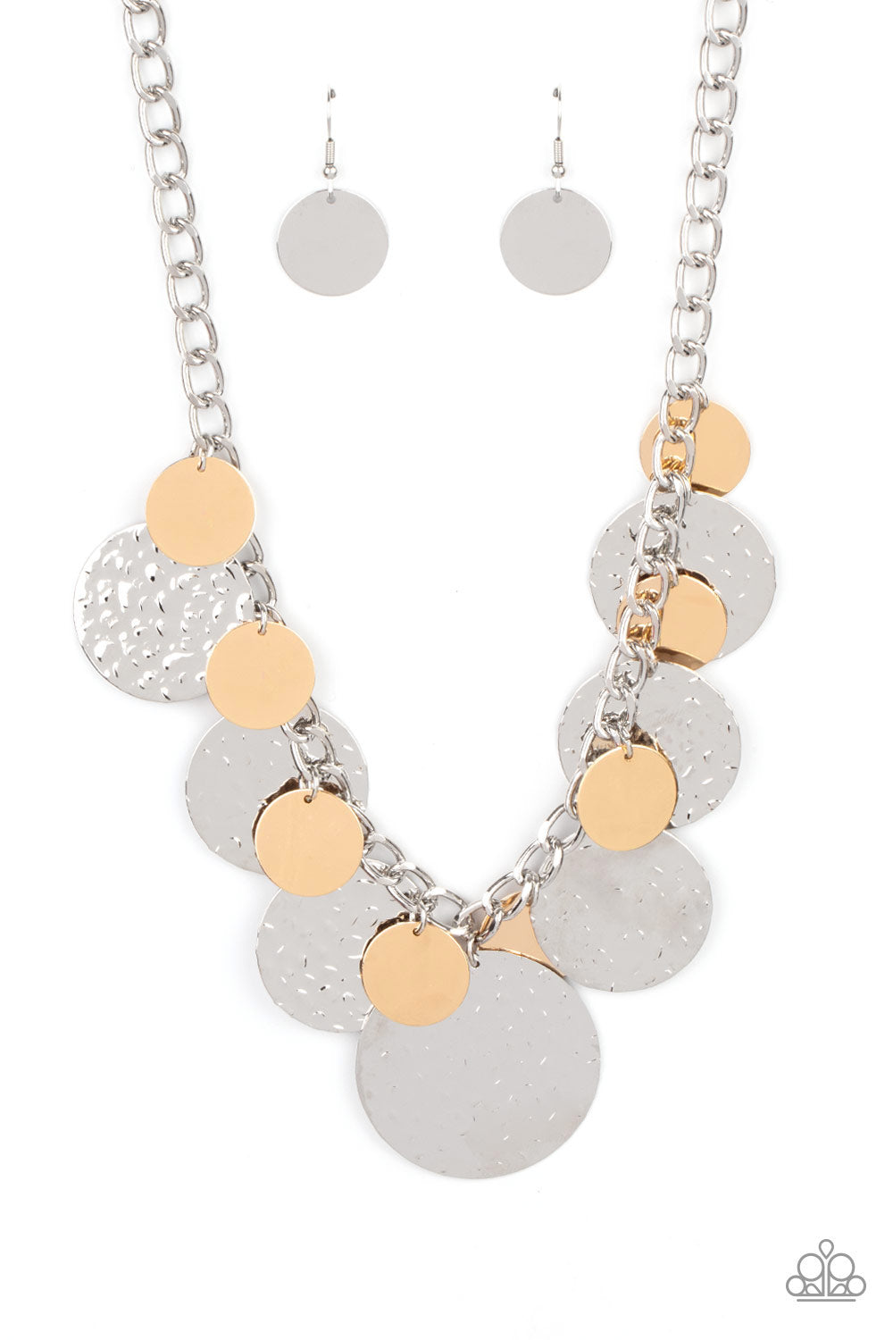 Oversized gold discs and hammered silver discs swing from the bottom of a chunky silver chain, creating a rambunctious fringe below the collar. Features an adjustable clasp closure. Sold as one individual necklace. Includes one pair of matching earrings.