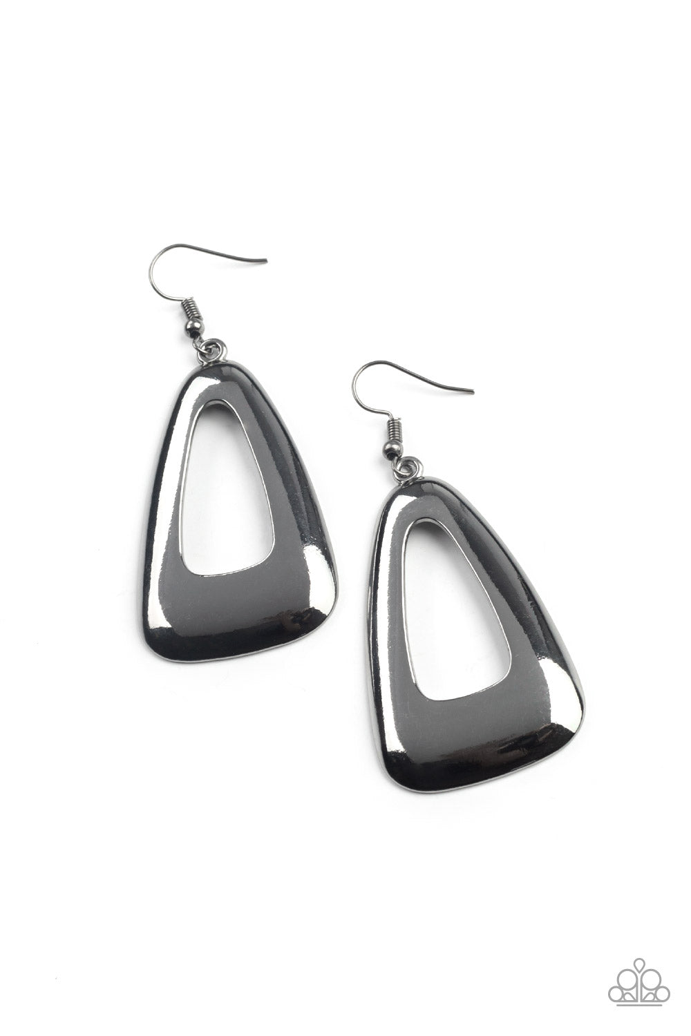 A high sheen gunmetal triangular frame swings from the ear, creating an intense industrial centerpiece. Earring attaches to a standard fishhook fitting. Sold as one pair of earrings.