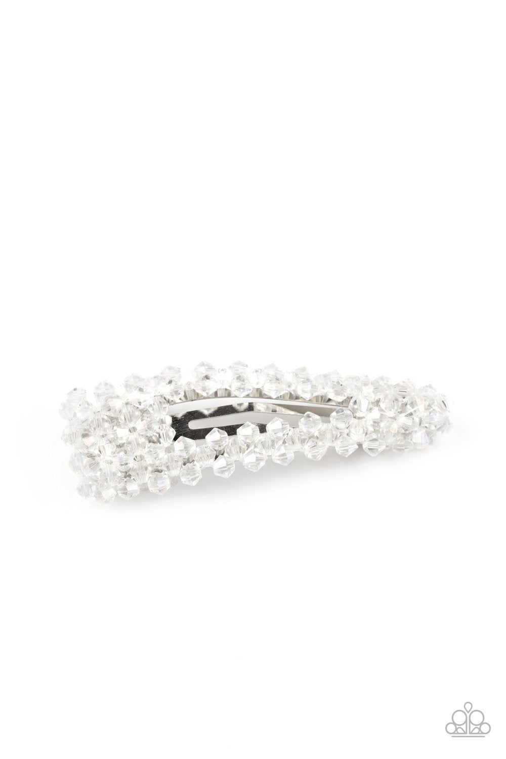 Faceted white crystal-like beads bedazzle the front of a silver hair clip, creating a glittering piece. Features a standard snap hair clip on the back. Sold as one individual hair clip.