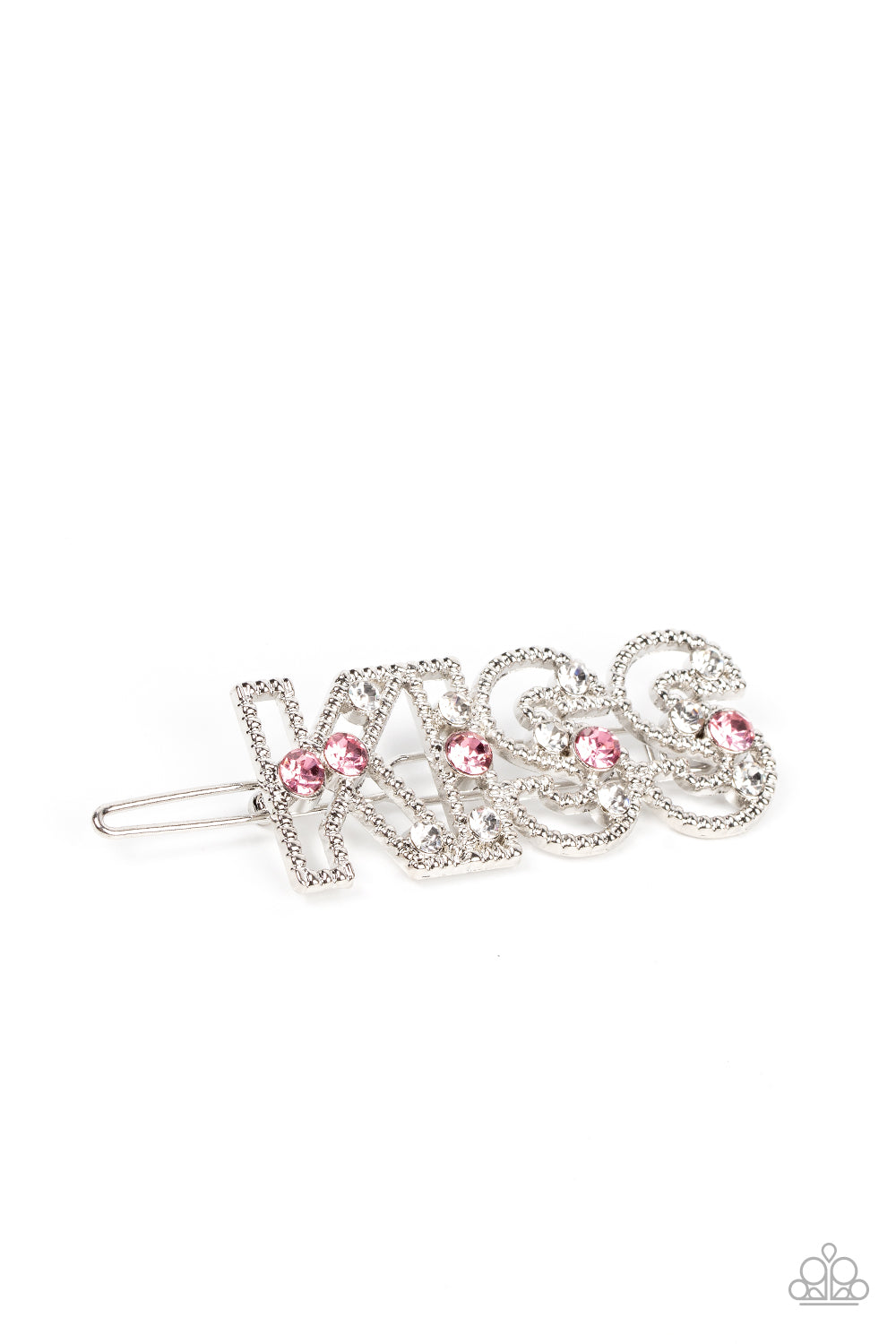 Glassy white and sparkly pink rhinestones are sprinkled across the front of airy silver frames that spell out, "Kiss" for a flirtatious finish. Features a clamp barrette closure. Sold as one individual barrette.