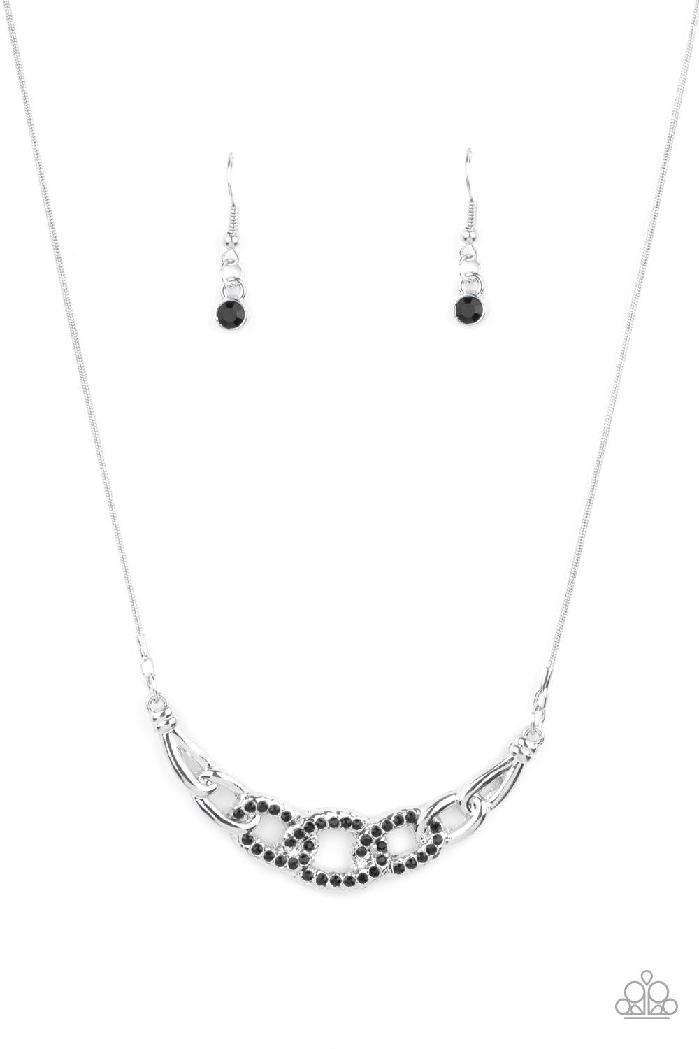 Shiny silver links, encrusted with dainty Jet Black rhinestones, connect into a glamorous centerpiece below the collar. Features an adjustable clasp closure. Sold as one individual necklace. Includes one pair of matching earrings.