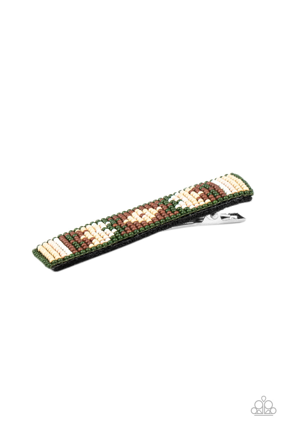 A dainty collection of Military Olive, Fired Brick, white, Almond Oil, and Rose Tan beads delicately embellish the front of a black frame, stacking into a colorful textile pattern. Features a standard hair clip on the back. Sold as one individual hair clip.