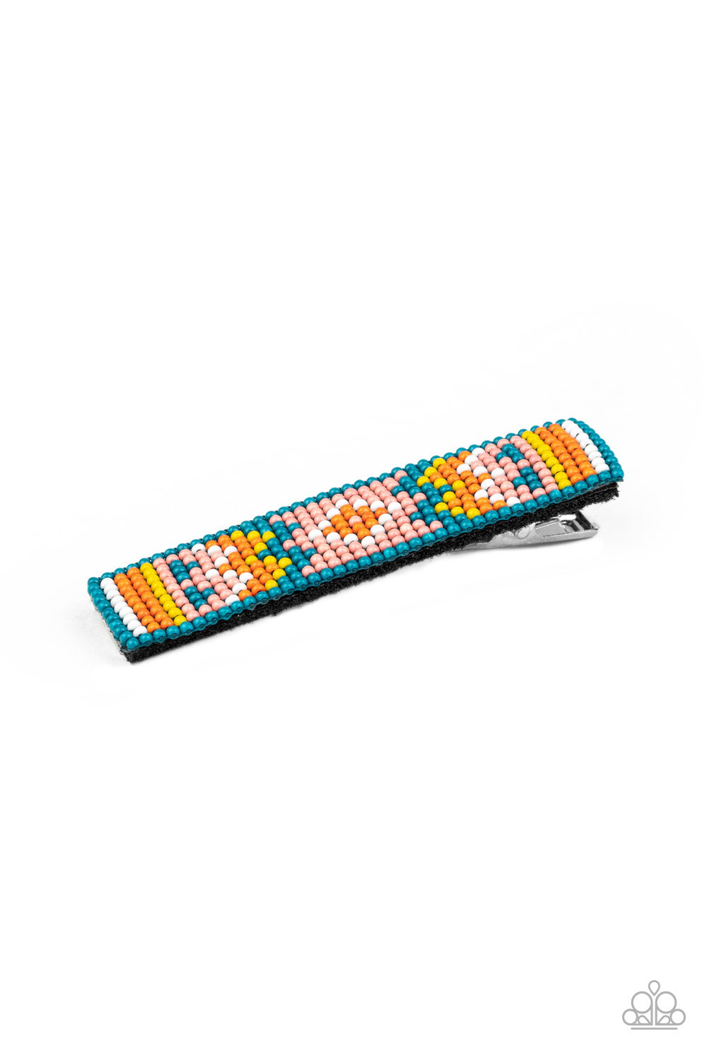 A dainty collection of blue, yellow, orange, white, and Rose Tan beads delicately embellish the front of a black frame, stacking into a colorful textile pattern. Features a standard hair clip on the back. Sold as one individual hair clip.