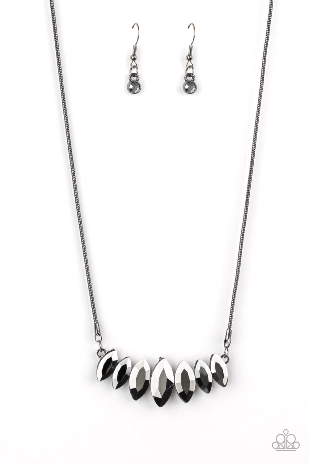 Gradually increasing in size near the center, glittery hematite marquise shaped gems link below the collar for a dramatic look. Features an adjustable clasp closure. Sold as one individual necklace. Includes one pair of matching earrings.