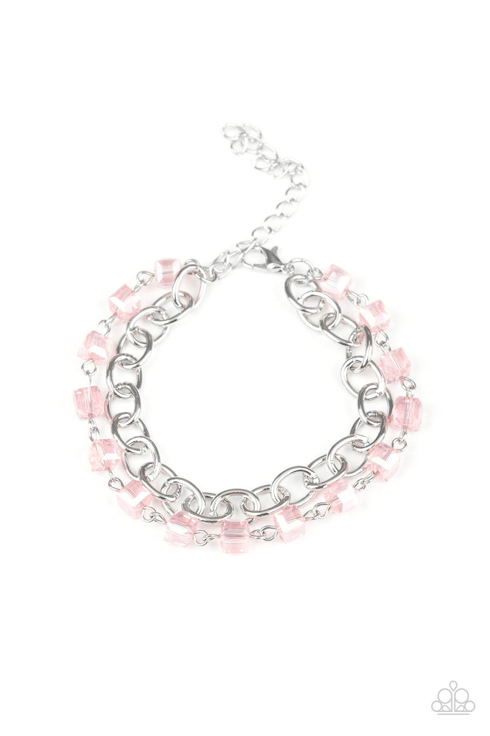 A strand of glittery pink crystal-like cube beading joins a classic strand of silver chain around the wrist, creating refined layers. Features an adjustable clasp closure. Sold as one individual bracelet.