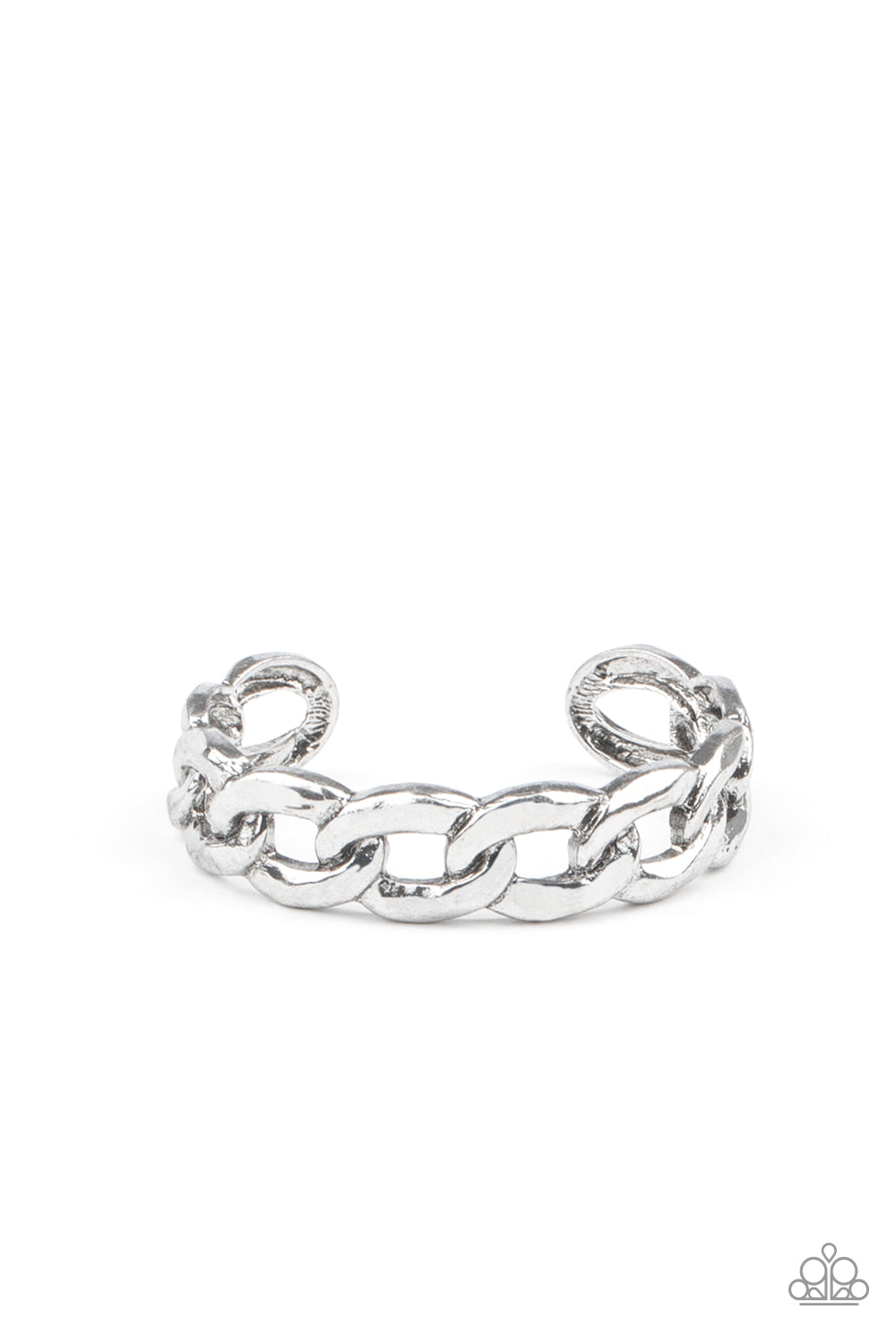 Brushed in an antiqued shimmer, oversized silver chain links boldly connect into a gritty cuff around the wrist. Sold as one individual bracelet.