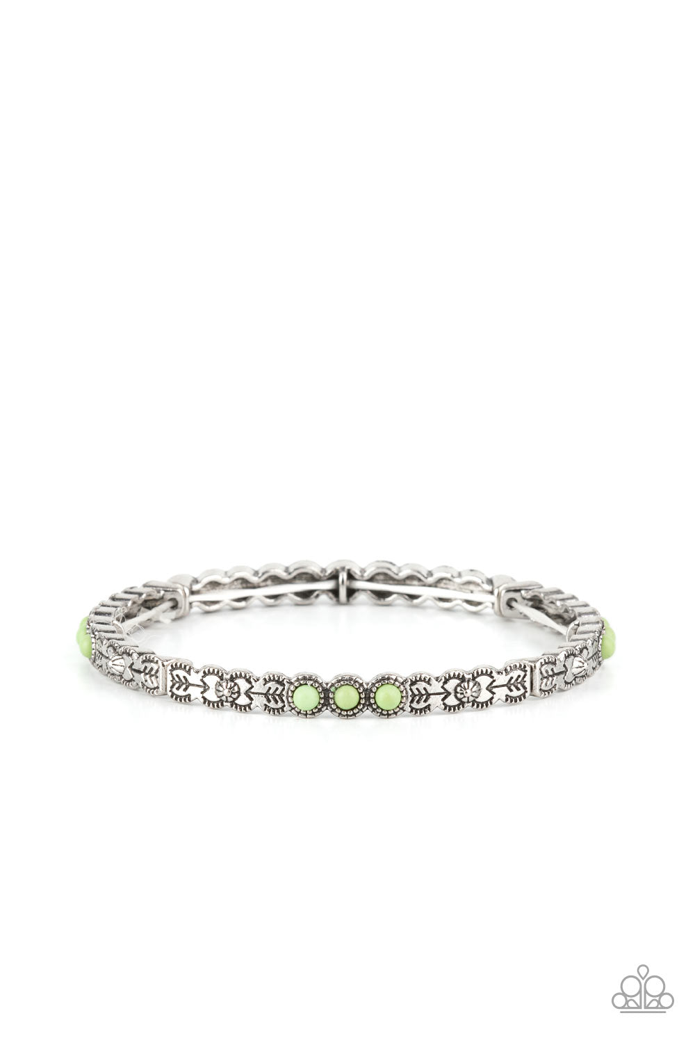 Stamped and studded in floral and arrow patterns, dainty silver frames adorned in trios of smooth green stones are threaded along stretchy bands around the wrist for a colorfully seasonal look.
Sold as one individual bracelet.