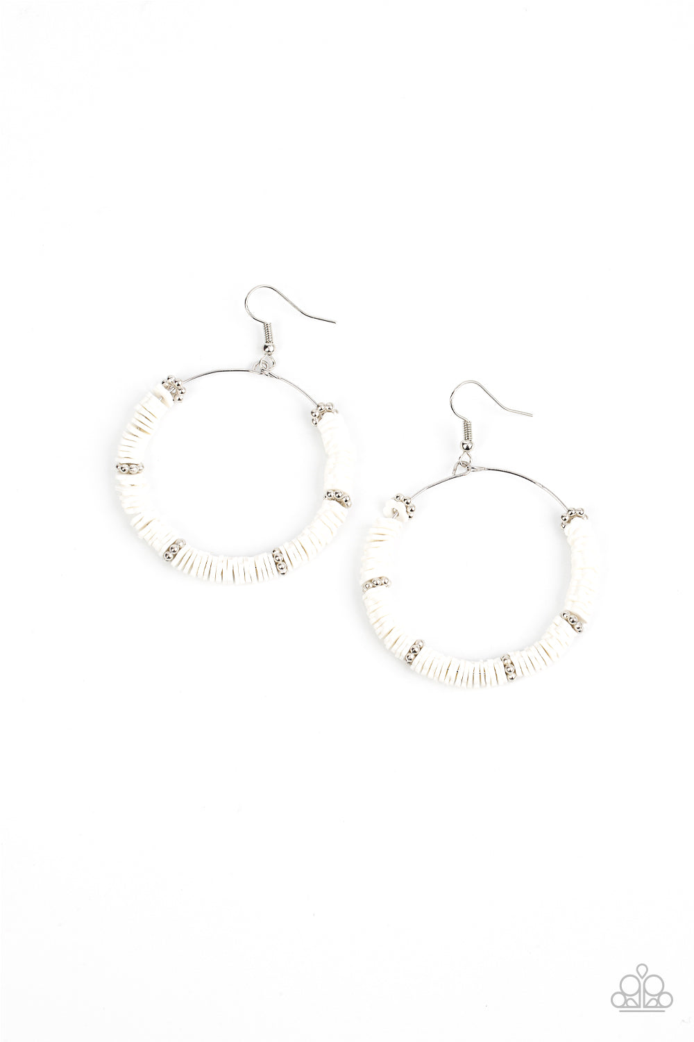Infused with studded silver floral-shaped rings, a flirty collection of rubbery white flowers are threaded along a dainty wire hoop for a whimsical pop of color. Earring attaches to a standard fishhook fitting. Sold as one pair of earrings.