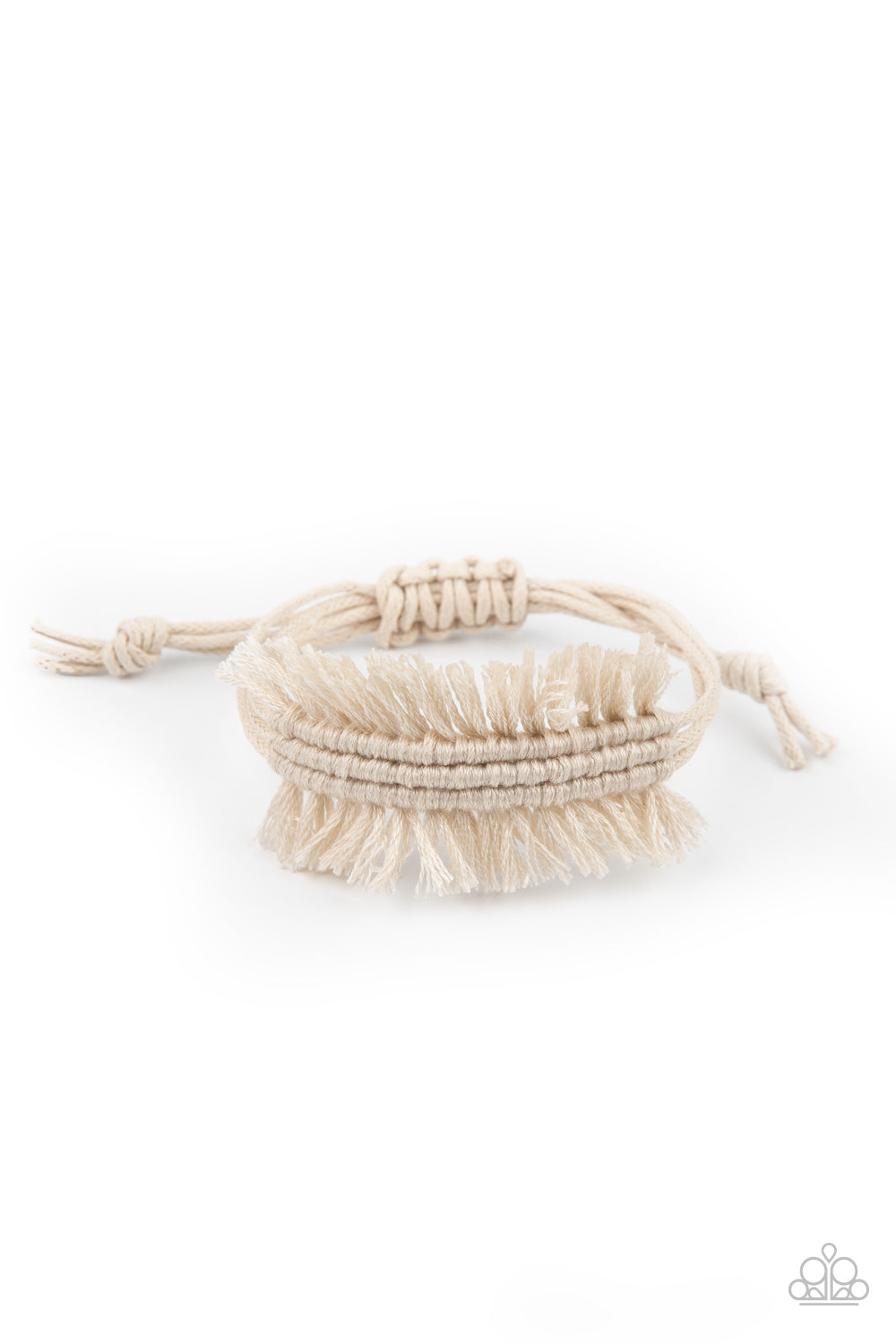Strands of shiny white twine-like cording decoratively knot around the wrist, creating a rustic fringed centerpiece. Features an adjustable sliding knot closure.
Sold as one individual bracelet.