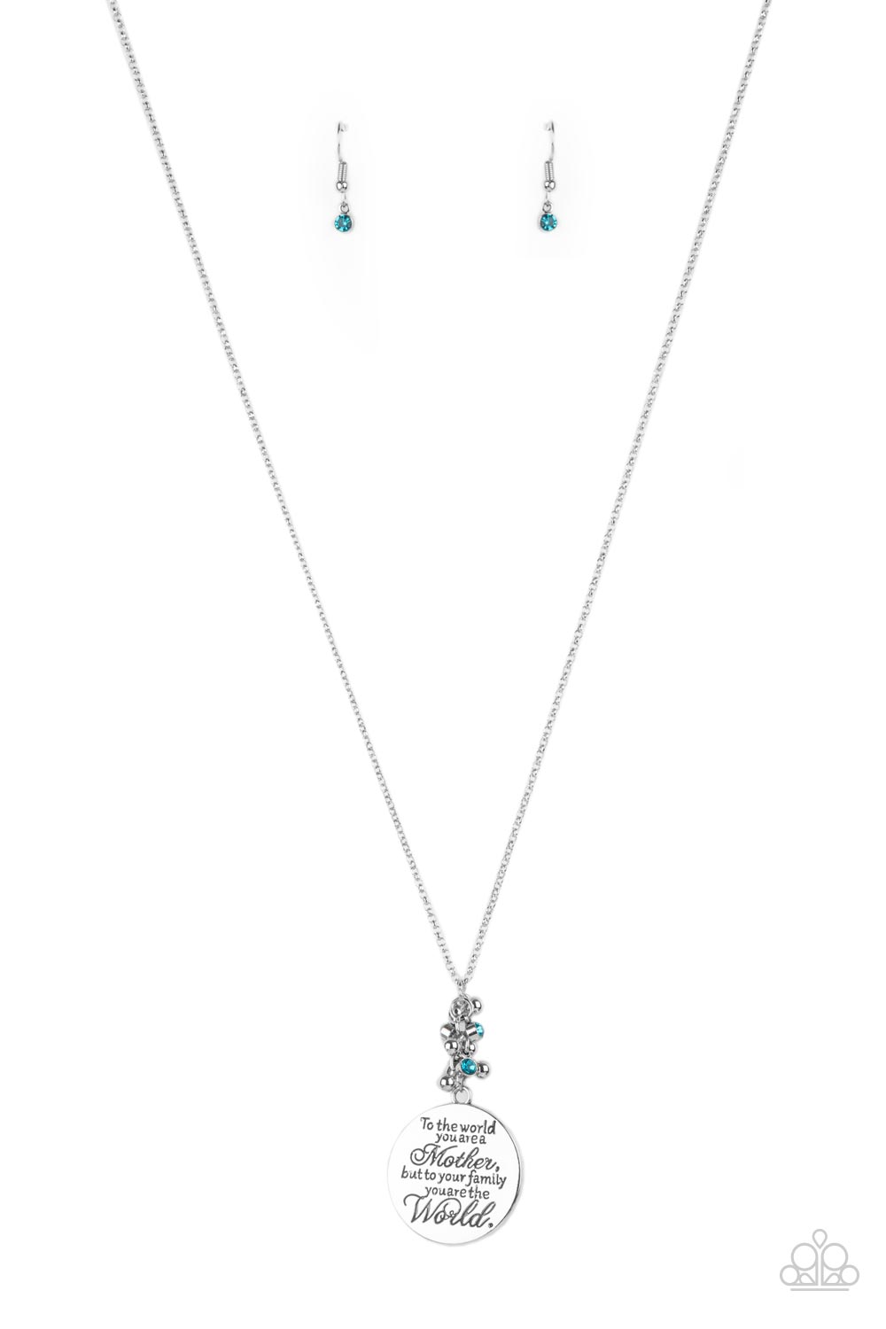 A silver disc inscribed with the phrase, "To the world you are a Mother, but to your family you are the World," creates a sweet reminder as it falls from a lengthened silver chain. A sprinkle of dainty aquamarine rhinestones and silver beads adds a decorative fringe atop the memento. Features an adjustable clasp closure. Sold as one individual necklace. Includes one pair of matching earrings.