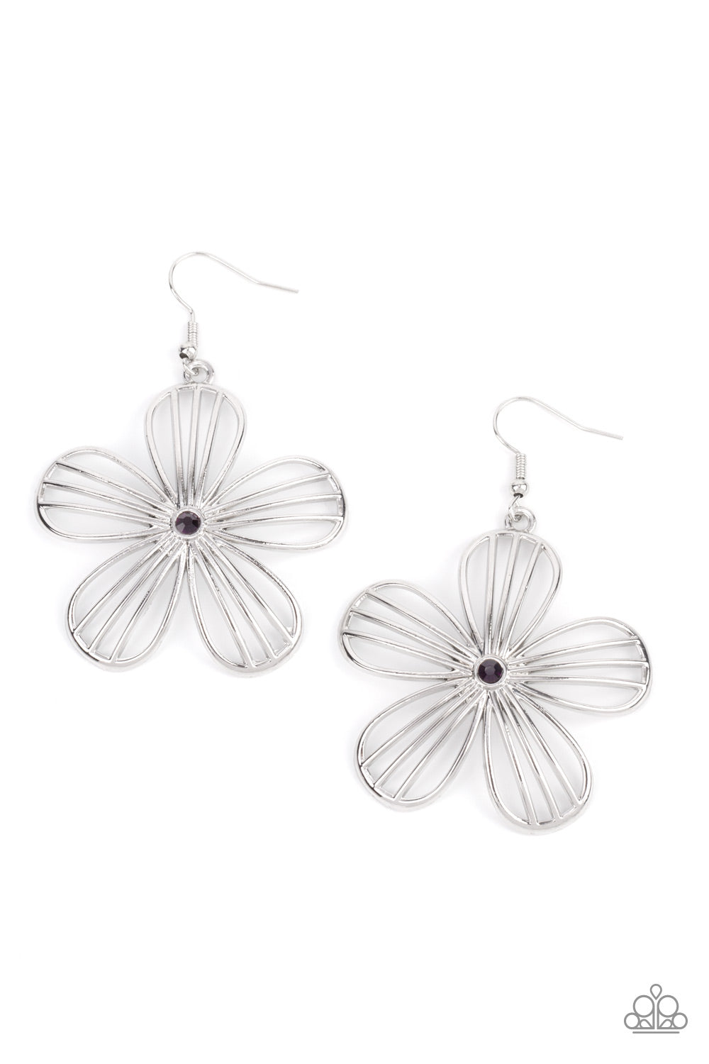 Dotted with a dainty purple rhinestone, airy silver petals streaked with linear bars bloom into an enchanting floral frame. Earring attaches to a standard fishhook fitting. Sold as one pair of earrings.
