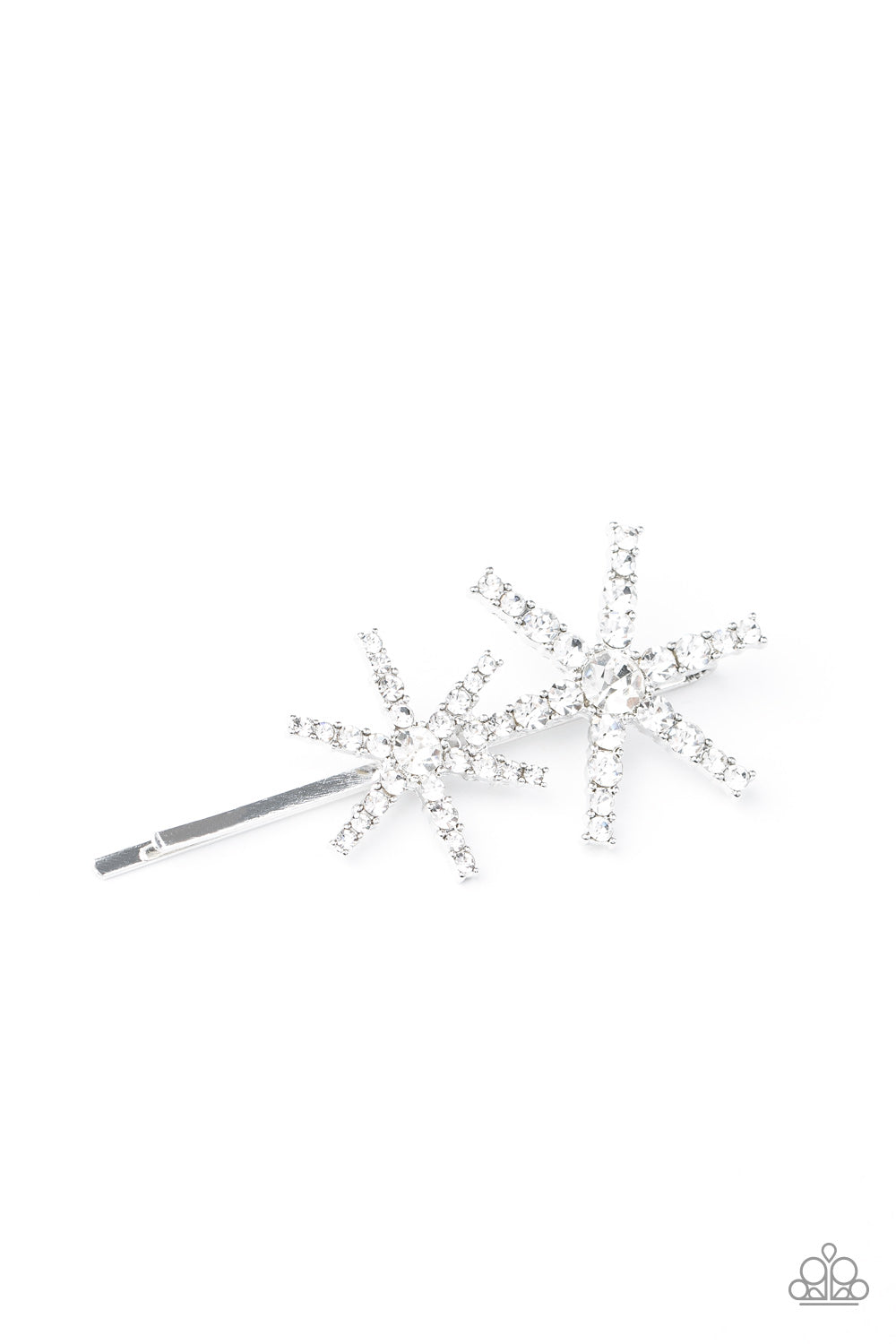 A pair of glittery white rhinestone encrusted silver stars dot the front of a classic bobby pin for a stellar look. Sold as one individual decorative bobby pin.