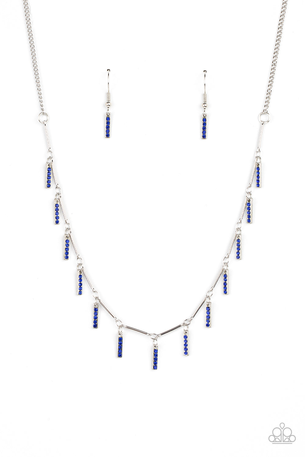 Dotted in stacks of glittery blue rhinestones, dainty silver rectangular frames drip between shiny silver bars along the collar, creating a dainty fringe. Features an adjustable clasp closure. Sold as one individual necklace. Includes one pair of matching earrings.