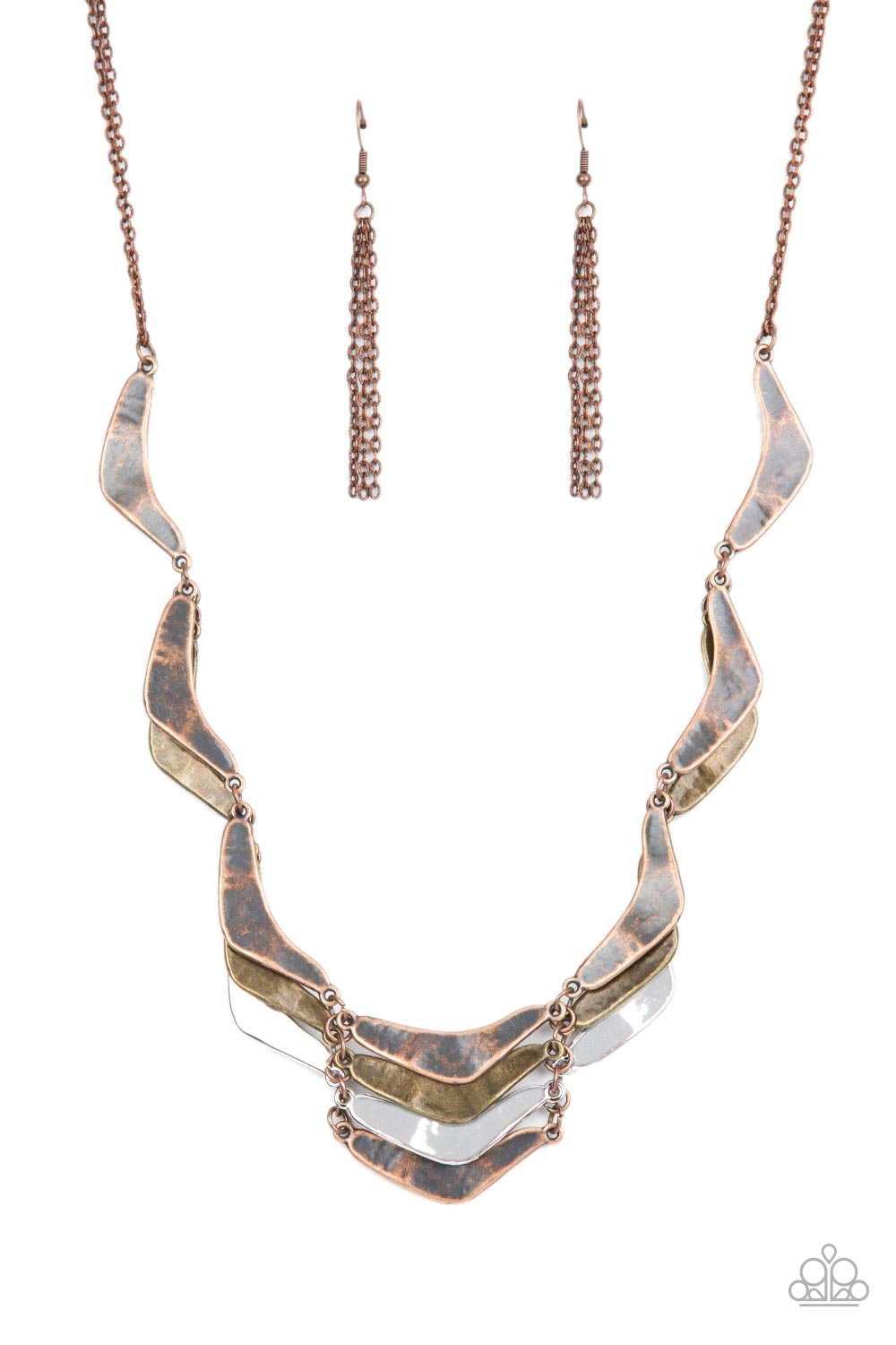 Featuring a rustic hammered finish, boomerang shaped silver, brass, and copper plates delicately link into artisan-inspired layers below the collar. Features an adjustable clasp closure. Sold as one individual necklace. Includes one pair of copper fringe earrings.