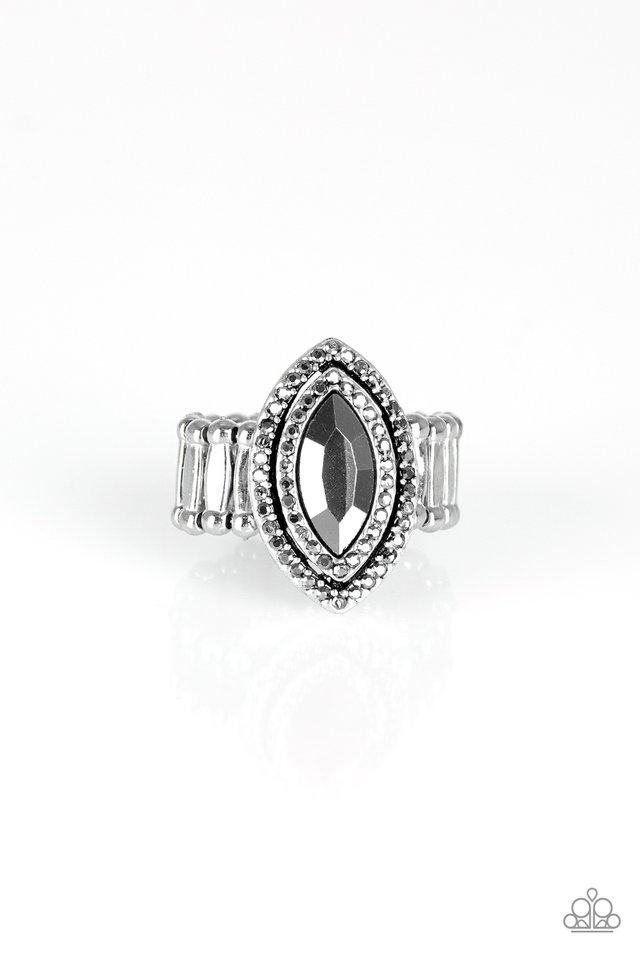Featuring a regal marquise style cut, a glittery hematite gem is pressed into the center of stacked silver frames radiating with glittery hematite rhinestones for a glamorous finish. Features a stretchy band for a flexible fit. Sold as one individual ring.