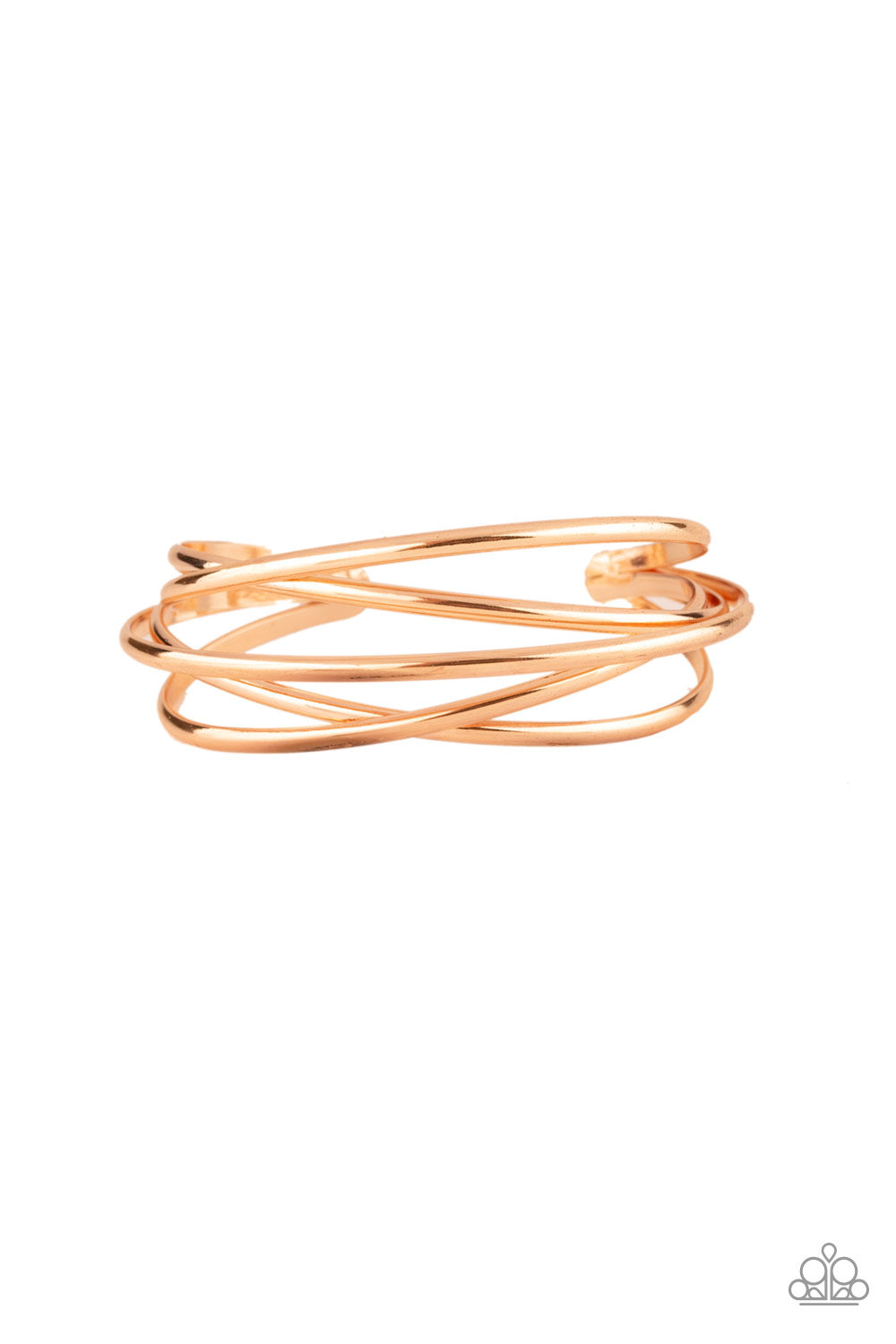 Glistening rose gold bars crisscross across the wrist, coalescing into an airy cuff. Sold as an indivdual bracelet.