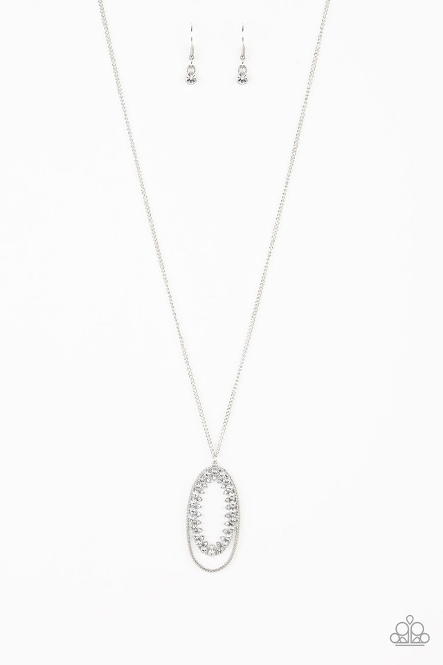 Ringed in a studded silver frame, glittery white rhinestones collect into glamorous pendant at the bottom of a lengthened silver chain for a refined flair. Features an adjustable clasp closure. Sold as one individual necklace. Includes one pair of matching earrings.