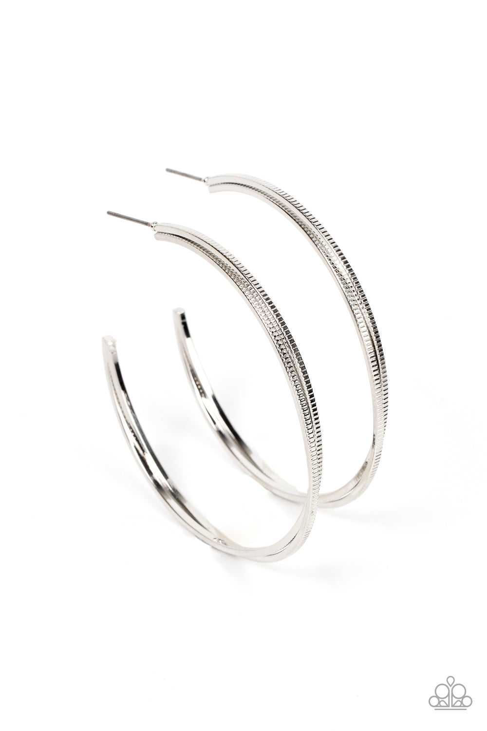 Etched in ribbed texture, two glistening silver bars gently curve and stack into an oversized hoop for a classic metallic look. Earring attaches to a standard post fitting. Hoop measures approximately 2" in diameter. Sold as one pair of hoop earrings.