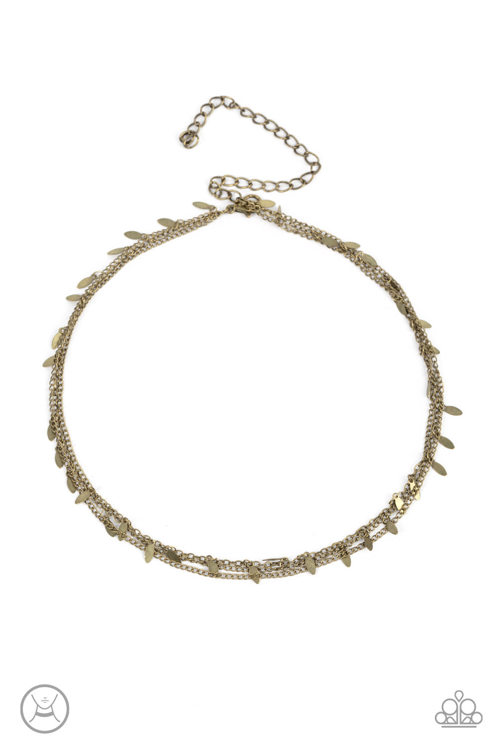 Infused with two dainty rows of antiqued brass chains, a row of brass oval discs glisten around the neck for a playfully rustic look. Features an adjustable clasp closure. Sold as one individual choker necklace. Includes one pair of matching earrings.