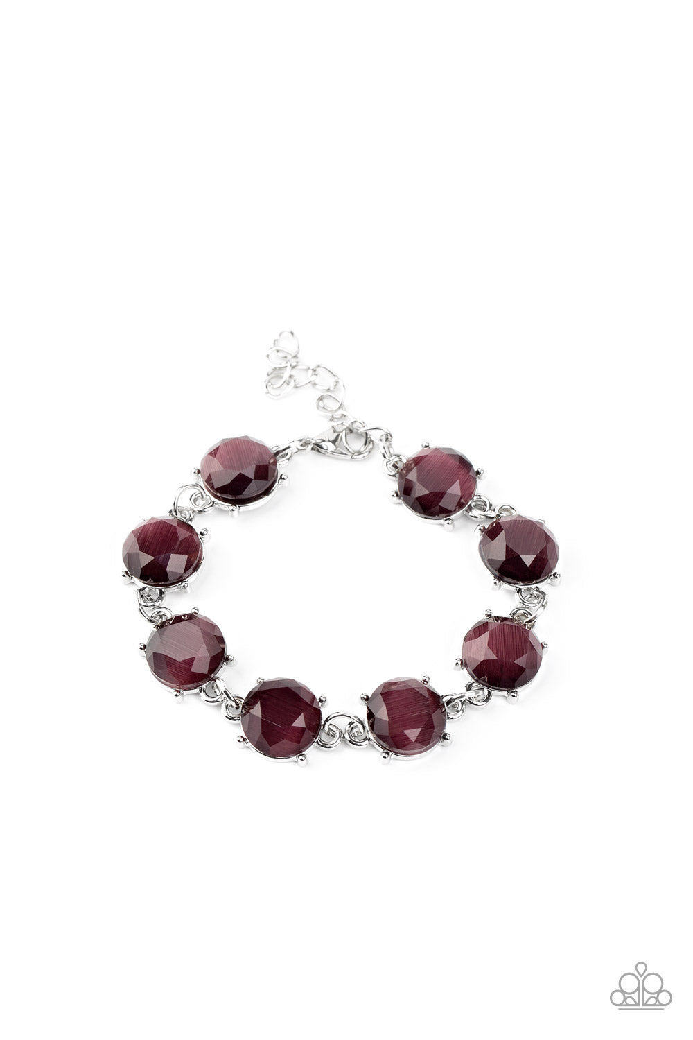 A glowing collection of faceted purple cat's eye stone frames delicately connect across the wrist for an ethereal look. Features an adjustable clasp closure.
Sold as one individual bracelet.